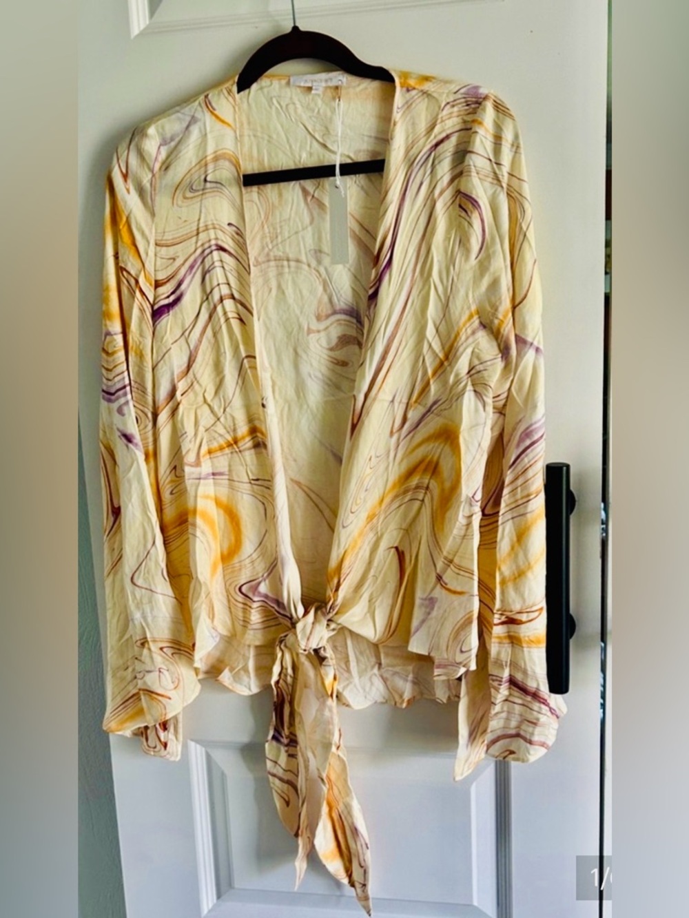 olivaceous Lightweight Tie-Front Blouse Cream with Orange & Lavender Swirl MED